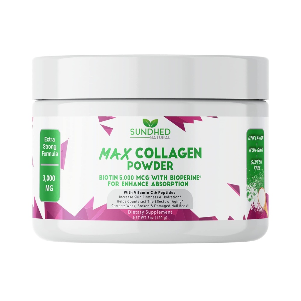 Max Collagen Plus C (30 Day Supply) - Wszystkie naturalne Collagen Proszek z Biotin & Bioperine do zwiększenia anty starzenia się Nawodnienie i Firmness - 500mg witaminy C - Wzmocnienie kości i paznokci