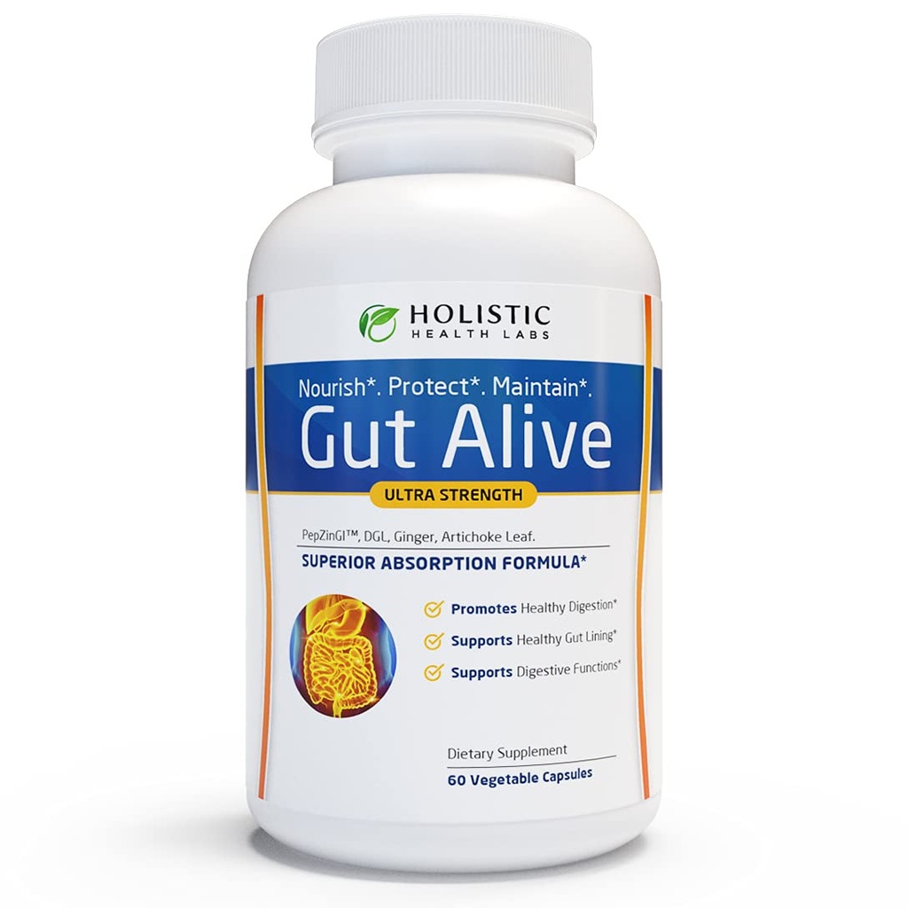 Gut Alive - All Natural Support to Fight IBS, Heartburn, Niestrawność kwasowa, Refluks kwasowy, Bloating & Gas. Unikalne Formulacja (60 Liczenie (Pack of 1))