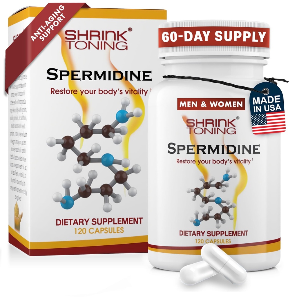 Shrink Spermidine Supplements Skin & Anti- Aging Support - 120 Vegan Caps 100% Naturalna poliamina dla mężczyzn i kobiet, Ogólny Wellness - Nie-GMO, USA Made - z wysokiej spermidyny, Cynk & Tiamin