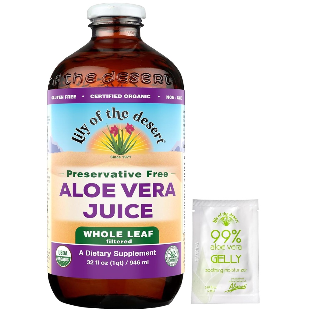 Lily of The Desert Aloe Vera Sok, Conservative Free - cały liść Aloe Vera Drink z naturalnymi witaminami, Digestive Enzymes for Gut Health, Stomach Relief, Wellness, Glowing Skin, Gelly Sachet included