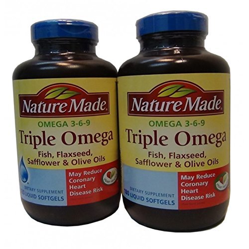 Nature Made Triple Omega 3 6 9 - Ryby, nasiona roślin lnianych, krokodyle i oliwki - 2 butelki, 180 Softgeli Każdy