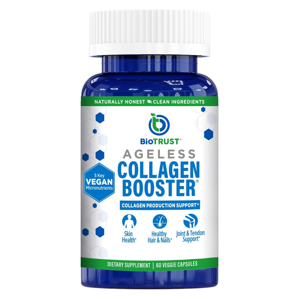 BioTrust Ageless Colagen Booster, Potężne wsparcie piękno z wewnątrz, Vegan Colagen Builder do świecenia skóry, Gorgeous Hair, piękne paznokcie, Zdrowe połączenia, 60 Kapsułki (30 Służenia)