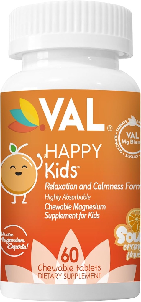 VAL Kids Magnezu 124; Calm + Focus Formula 124; 100mg Mg (Glycinate, Citrate, Taurate) + B6, D3, C XI124; Sugar- Free, Non-GMO XI124; Fun Chewable Tablets XI124; Orange Flavor XI124; 60 Ct