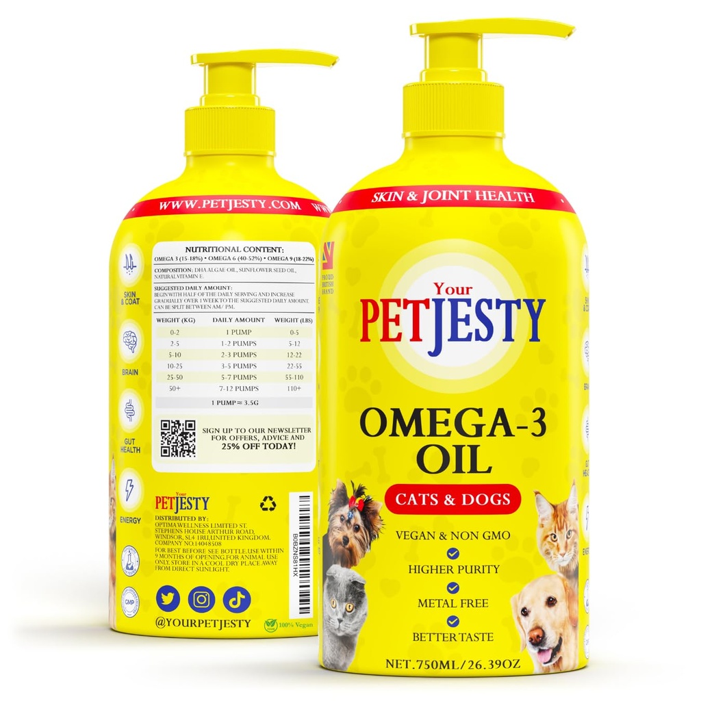 PetJesty Pure Omega 3 Oil for Dogs & Cats 26.39oz - Omega 3 Skin & Coat Support- Płynny suplement żywnościowy dla zwierząt domowych - Vegan pet + DHA for Joint Function, Immune & Heart Health, Non Fish Oil Dog and Cat
