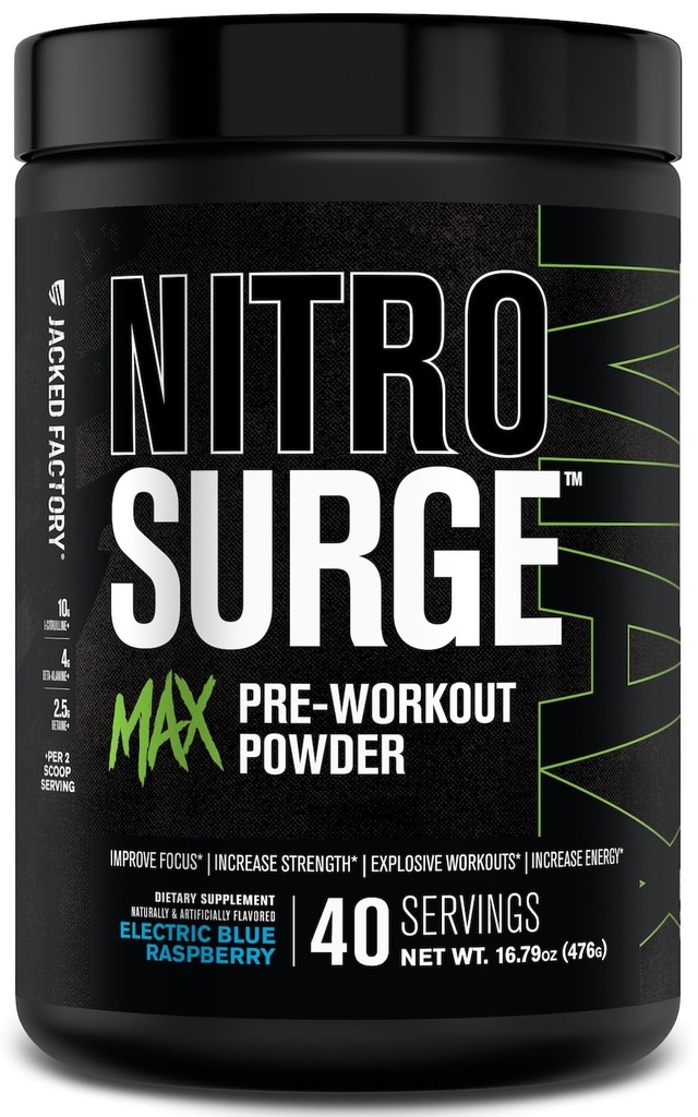 Jacked Factory Nitrosharge Max High Performance Pre Workout Powder - Wstępny trening w / Nootropowe składniki do intensywnej koncentracji, Pompy, Smooth Energy, Endurance - 40 Służenie, Elektryczny niebieski Malina