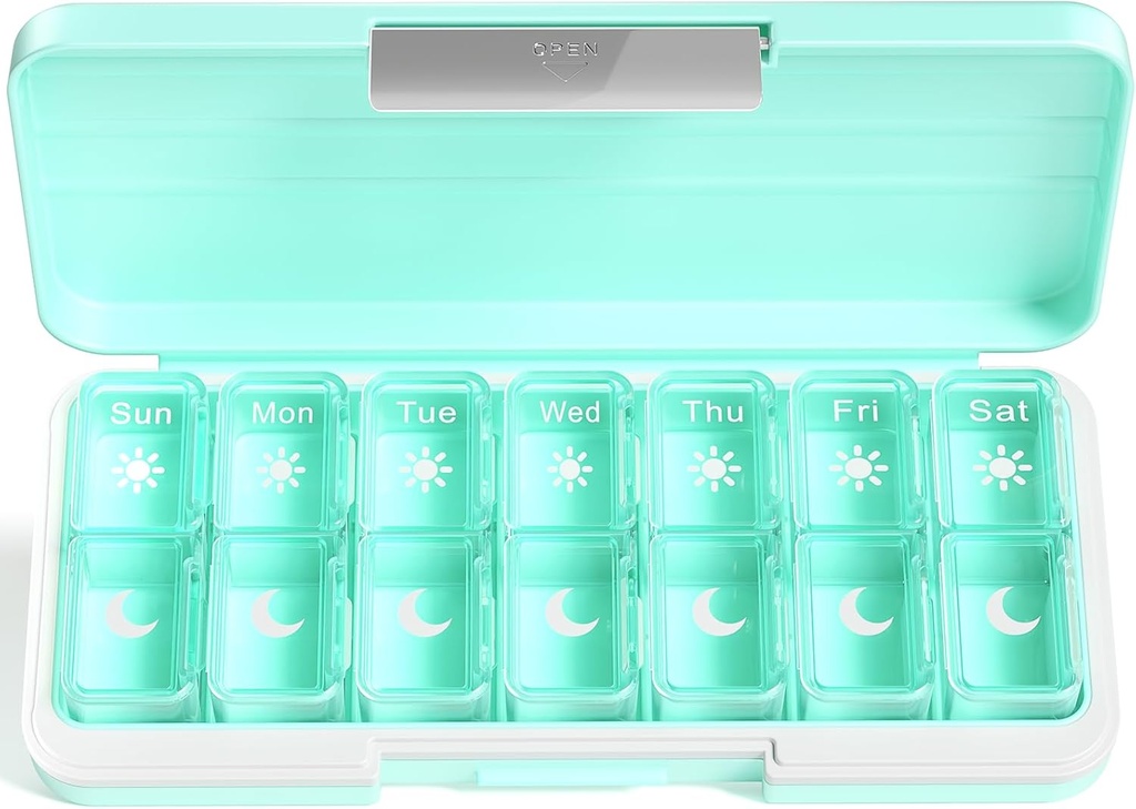 Zoksi Am Pm Pill Organizator 7 Dzień, Cotygodniowe Pill Box 2 razy dziennie, Medicine Pill Organizator z oddzielnym składem, Travel Pill Case Dispenser Przenośne dla witamin, Oleje rybne, Leki (Zielony)