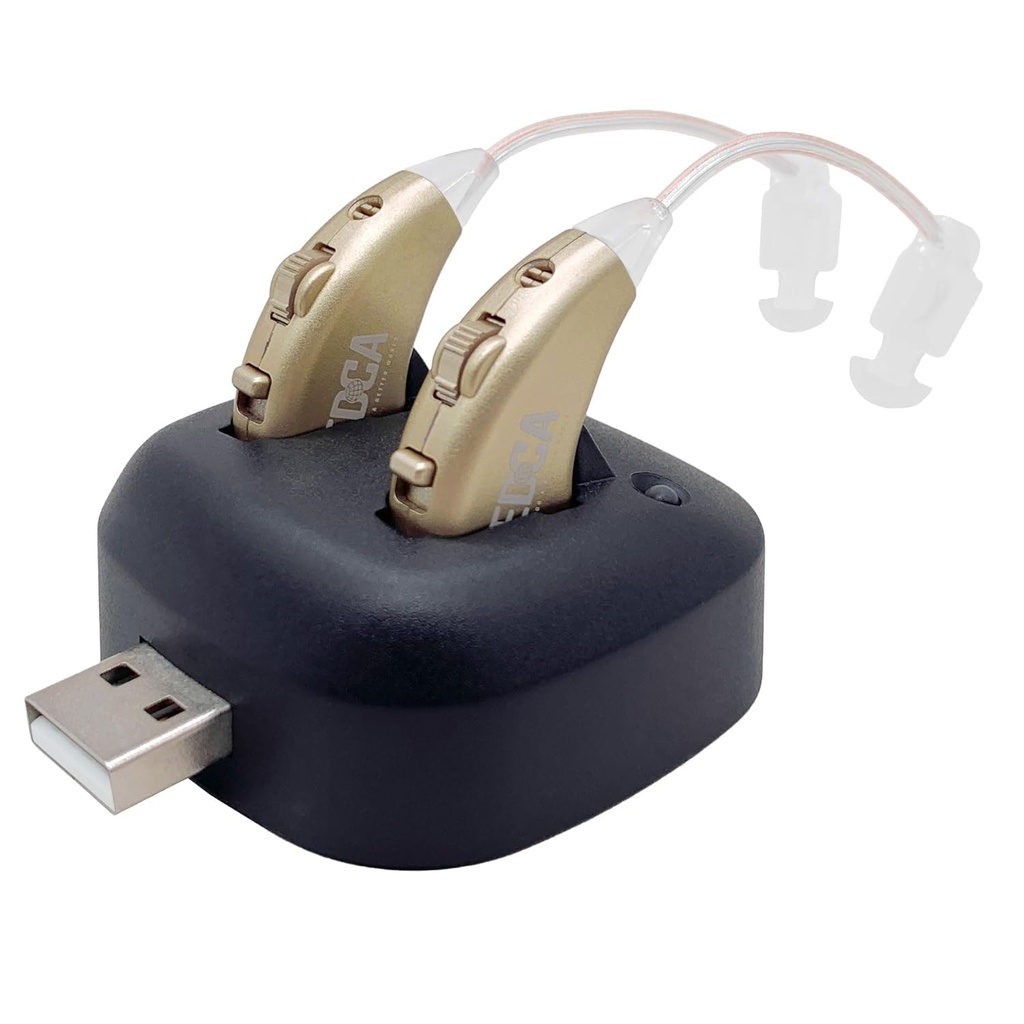 Cyfrowe wzmacniacze słuchu - Przywracalne BTE Personal Sound Wzmacniacz Para z USB Dock - Premium Gold Behind The Ear Sound Amplification - autorstwa NewEar