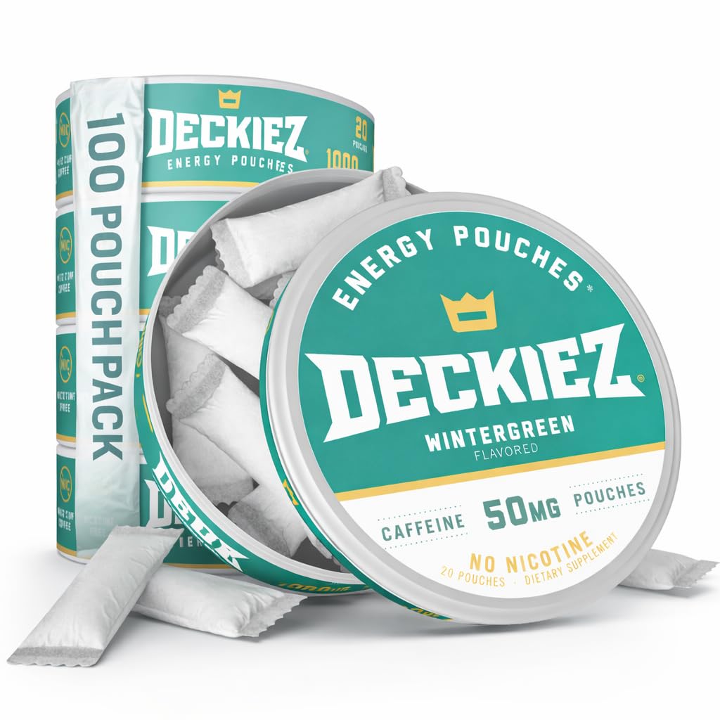 Deckiez Energy Pouches, 5 Puszek (100 Puszek), Sugar Free Caepture Supplement, Coffee Pouches & Energy Drink Alternative, 50mg Caeple Pouches, Wintergreen Flavor