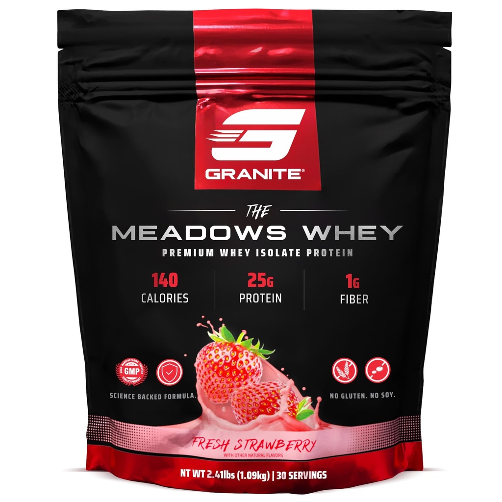 Suplementy Granitu Meadows Białko serwatki Izolacja Proszek do Lean Muscle z 150 Kalorii, 2 g Fiber, 1 g Cukier (30 Servings), Świeże truskawkowy Flavor