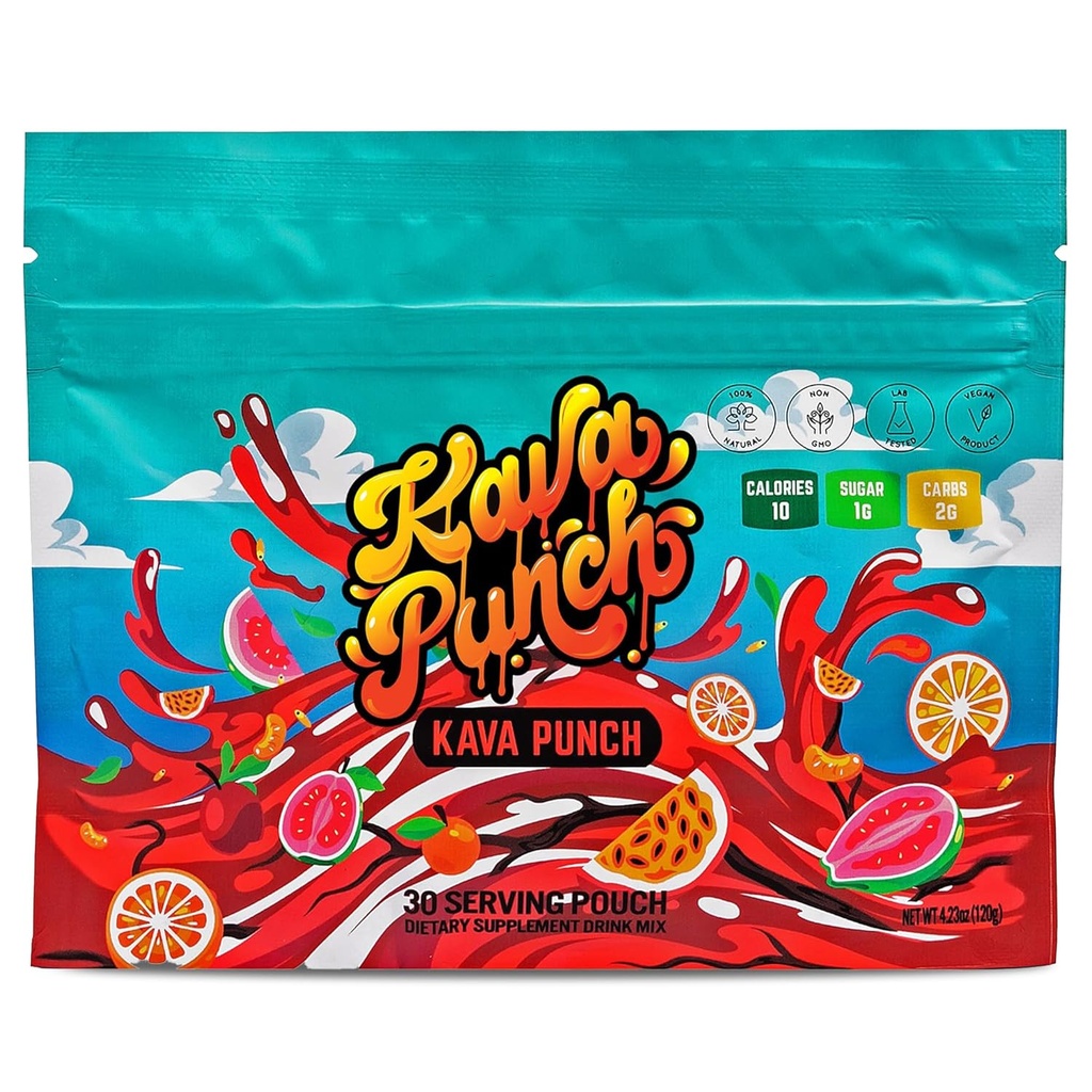 Kava Punch Relaxation Powder - 30 Podawanie Pouch z Premium Kava Kava Ekstrakt Kava 124; Codzienne Stress Relief Supplement Agregat 124; Non- Alcoholic, Low- Calorie, Zdrowy napój Mix 124; Alkohol Alternatywne napoje z Buzz