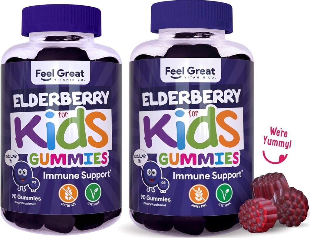 Feel Great Kids Elderberry Gummies with Zinc and Vitamin C (2-Pack) | Immune Support Sambucus Elderberry | Berry Flavored Vegan Multivitamins | 90 Count