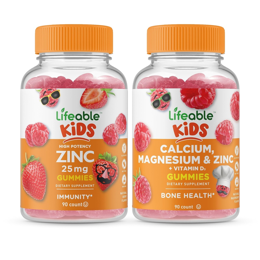 Żywe Cynk 25mg Dzieci + Wapnia Magnezu i cynku Dzieci, Gummies Bundle - Great Desting, Suplement witaminy, Gluten Free, GMO Free, Gummy do żucia