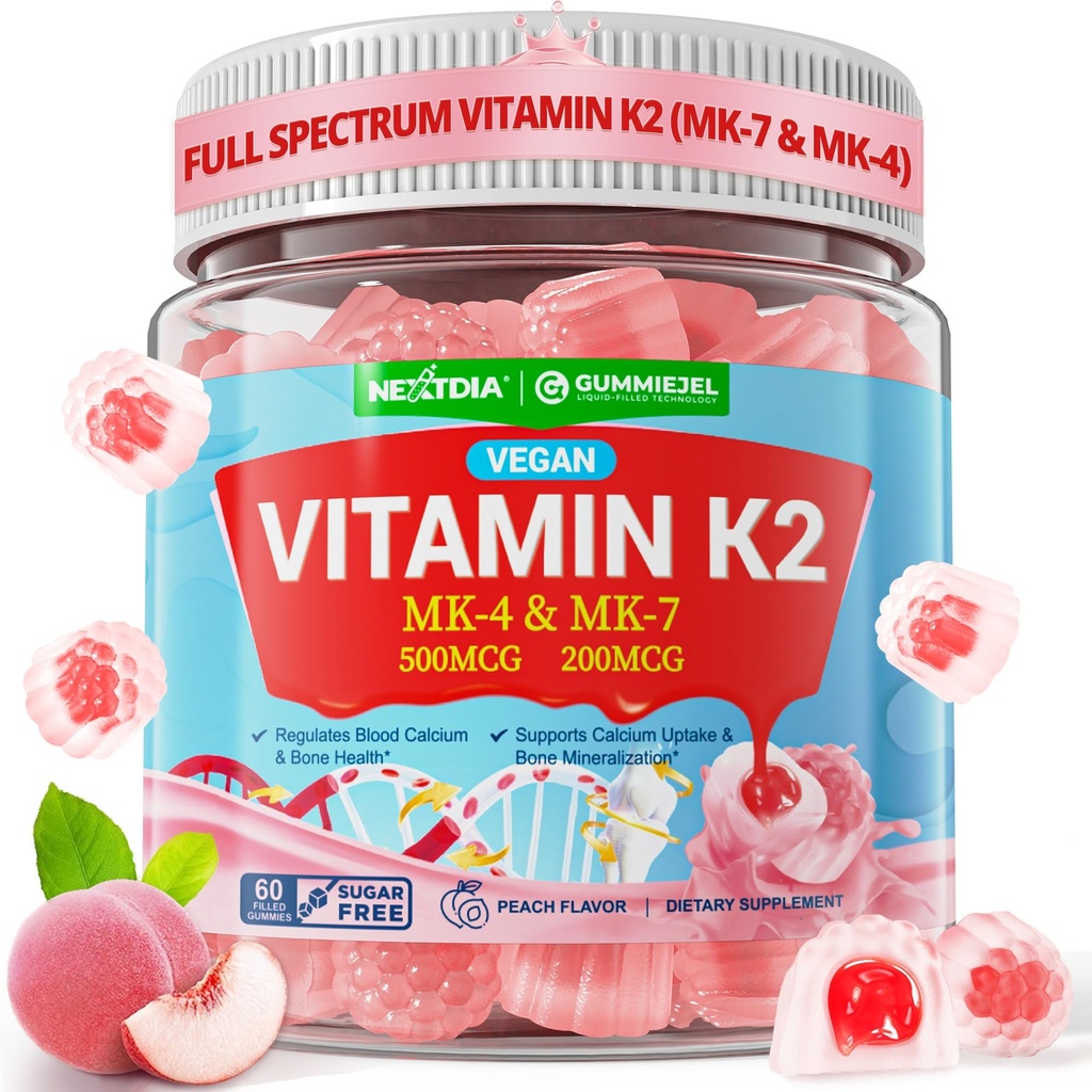 Witamina K2 Gummies MK- 7 200 µg i MK- 4 500 µg dla Kobiet i Mężczyzn bez cukru, Perfect 2- IN-1 Full Spectrum witaminy K2 Suplement do kości, He- art, Promotuje Wchłanianie wapnia, Mózg, Zęby, Immune, 1Pack