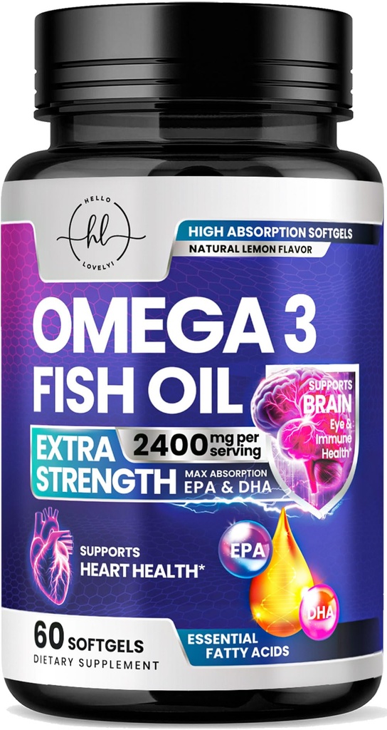 Omega 3 Fish Oil Supplements 2400mg - Triple Force Omega 3 Fatty Acids, Natural Heart Health Brain & Joint Support - Fatty Acids with EPA & DHA - Wild Caught Fish Oil Supplement - 60 Softgels