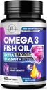 Omega 3 Fish Oil Supplements 2400mg - Triple Force Omega 3 Fatty Acids, Natural Heart Health Brain & Joint Support - Fatty Acids with EPA & DHA - Wild Caught Fish Oil Supplement - 60 Softgels