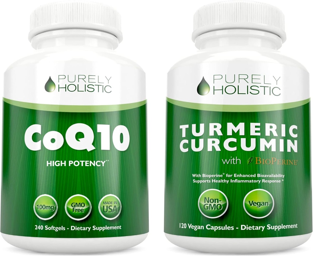 CoQ10 100mg + Organiczna kurkumina kurkuminowa 700mg z Bioperine Black Pepper - 120 Softgeli i 120 Kapsułek - 95% Kurkuminoidy - Made in USA