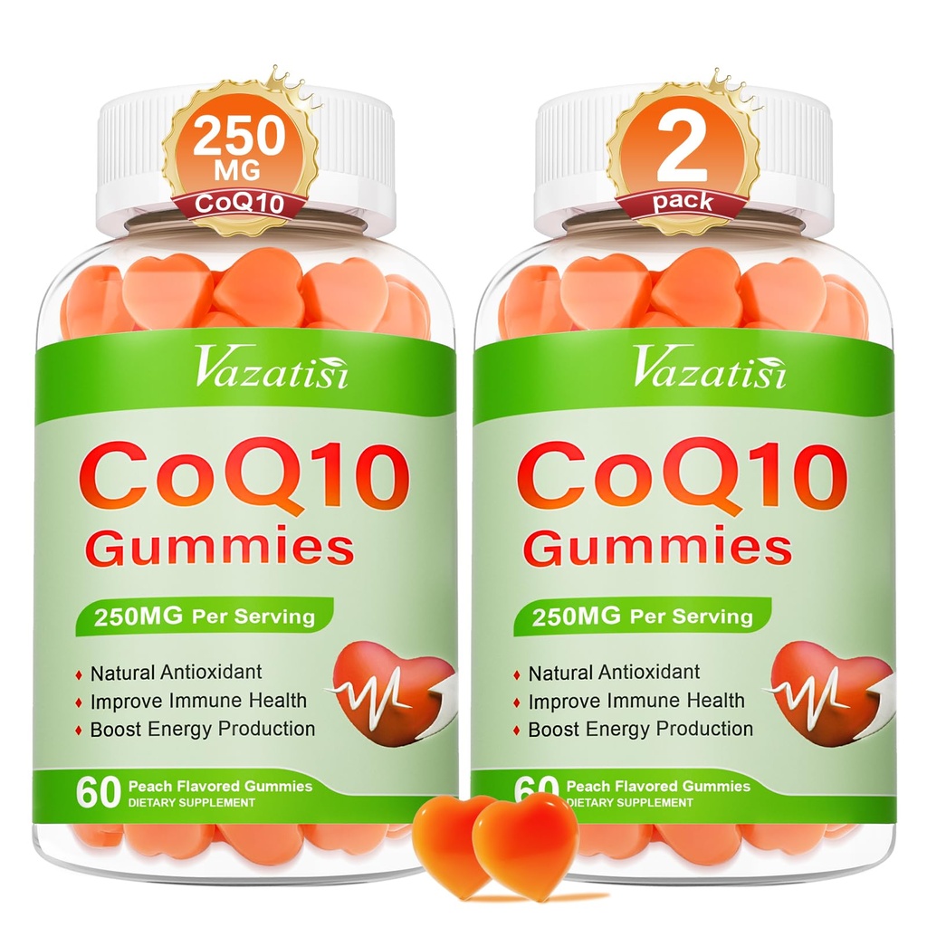 2 opakowania CoQ10 Gumiaki 250 mg, Plus Omega-3, Magnez, Witamina B12 dla energii komórkowej, Mózg i przeciwutleniacz, 5X Lepsza absorpcja Koenzym Q10 Suplement - 120 Ct