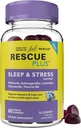 Bach RESCUE PLUS Sleep & Stress Support Gummies, Nocny suplement diety z 1 mg Melatoniny, Ashwagandha, Rumianek, Lavender & Witamina B6, Natural Blueberry Flavor, Wegan & Gluten- Free, 60 Count