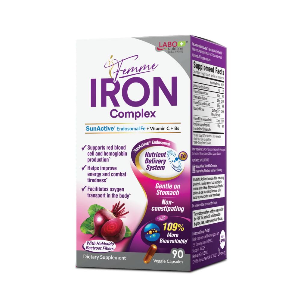 Labo Nutrition Femme Żelazo Endosomalne Sunactive, Non-Irritating Suplement żelaza 15 mg dla Blood Builder, Wegan, Delikatny, Brak metaliczny posmak, Nie zaparcia, Idealny do czułych stomachów, 90 Hrabia