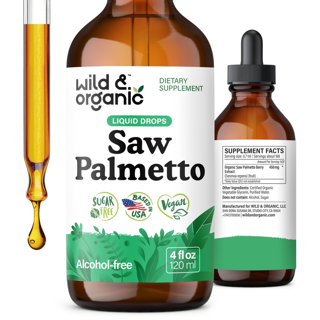 Wild & Organic Saw Palmetto Tincture - Saw Palmetto Extract Supplement for Men & Women - Liquid Powder Based Drops - Serenoa Repens Berries - Wegan, Cukier i Alkohol - 4 fl oz