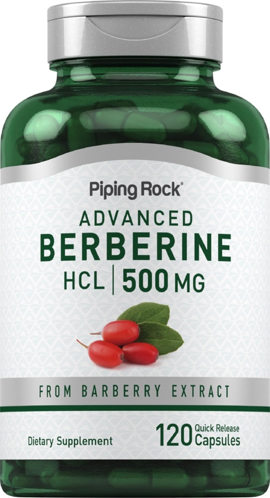 Piping Rock Berberine HCL Supplement Supplement 124; 500mg Huppled 124; 120 kapsułki Hupples 124; Barberry Extract Hupplement 124; Non- GMO, Gluten Free