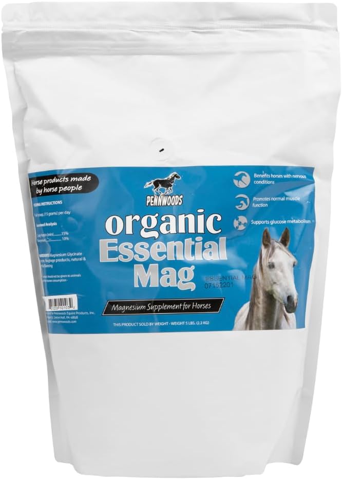 Pennwoods Esential Mag organiczny, Magnez do uzupełniania koni, Pomoc w glikozie Metabolizm, Redukcja stresu i zapewnia spokój dla konia, 5 LB Bag
