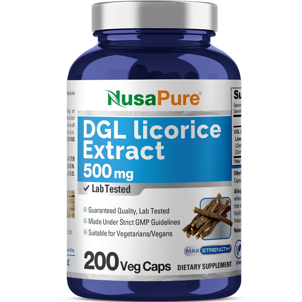 NusaPure DGL Licorice Extract 500 mg 200 Kapsułek wegetariańskich (Vegan, Non-GMO)