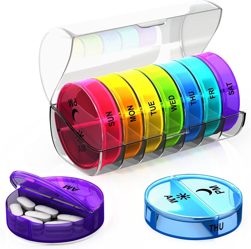 Cotygodniowy Pill Organizator 2 razy dziennie - Duża pojemność - Podróże Pill Box 7 dzień z hermetycznych Lid Lock - Przenośny Pill Case for Purse - Idealny dla witamin, Suplementy i Fish Oil Pills (Rainbow)