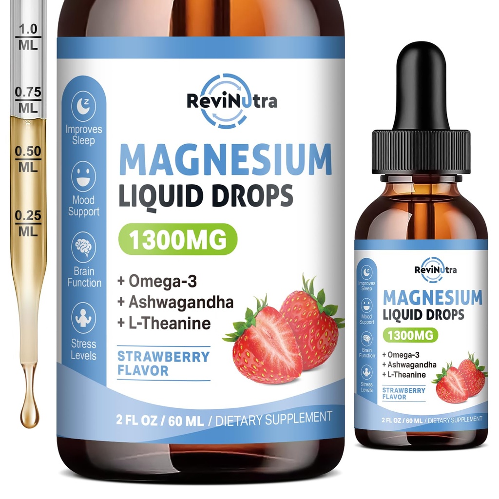 Triple Magnezu Complex Liquid Drops, 1300mg Magnezu Glicinate, Taurate & Citrate with Omega3, L- Theanine, Ashwagandha, Potasu, D3, B6, B12 for Calm, Sleep, Muscle, Strawberry Flavor, 2 Fl OZ
