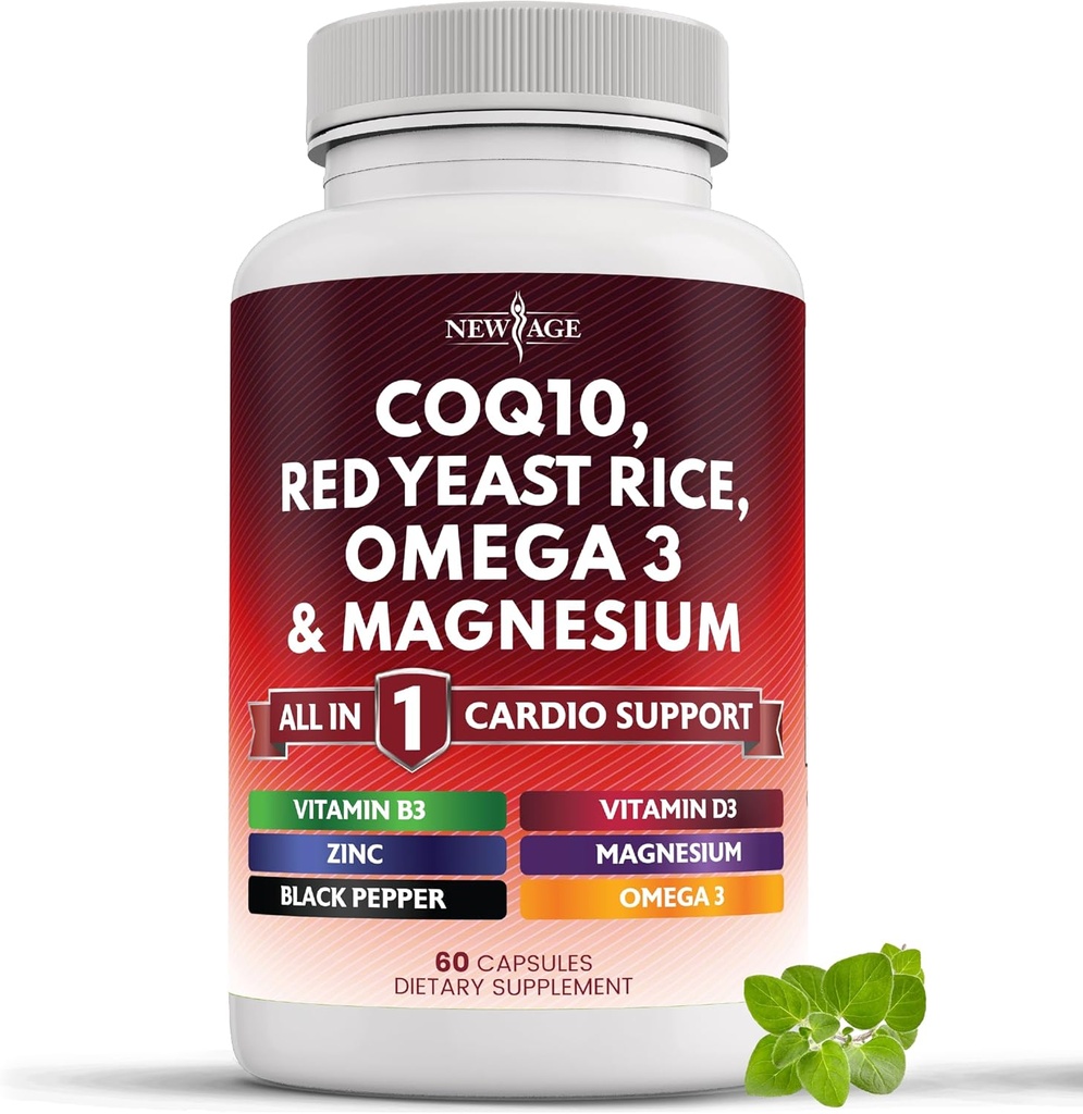 NOWA DAWKA COQ10 200mg Czerwony ryż drożdży, Omega 3, Kompleks magnezu, Witamina cynku K2 D3 - Witaminy wsparcia zdrowia serca dla kobiet i mężczyzn z witaminą B3, Koenzym Q10- 60
