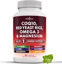 NOWA DAWKA COQ10 200mg Czerwony ryż drożdży, Omega 3, Kompleks magnezu, Witamina cynku K2 D3 - Witaminy wsparcia zdrowia serca dla kobiet i mężczyzn z witaminą B3, Koenzym Q10- 60