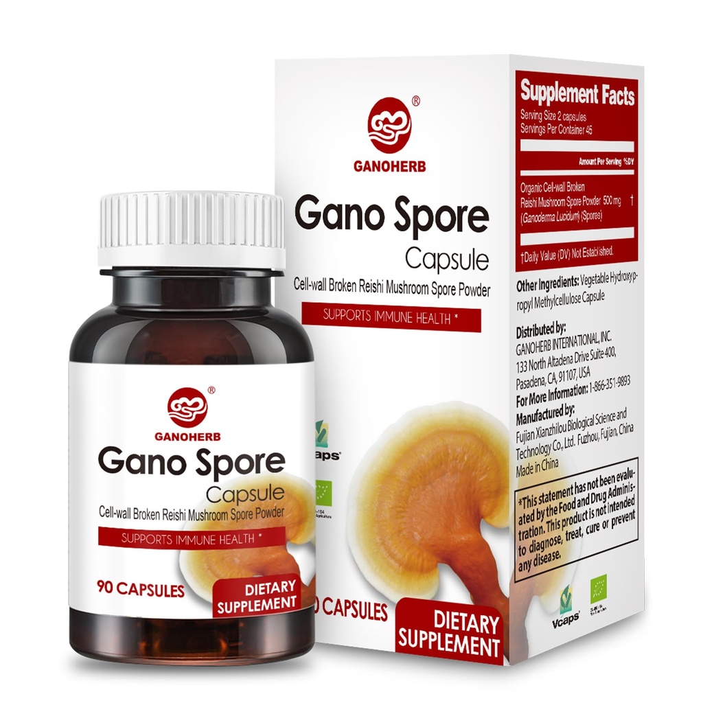 Organic Reishi Mushroom Kapsułki z 100% Ganoderma Lucidum Reishi Spore Proszek do Boost Immune System, Wegan, Wszystkie naturalne, Non-GMO & Gluten Free, 60 Kapsułki Veggie