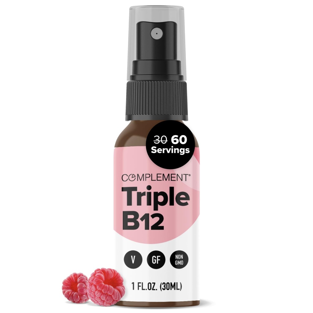 Uzupełnienie Wegan Witamina Triple B12 Ciecz Spra- 1500 µg Mieszanka (60 Służenia) Malina Flavor- Zwiększona absorpcja, Energia, Nastrój, Układ nerwowy, Funkcja kognitywna dla dzieci i dorosłych