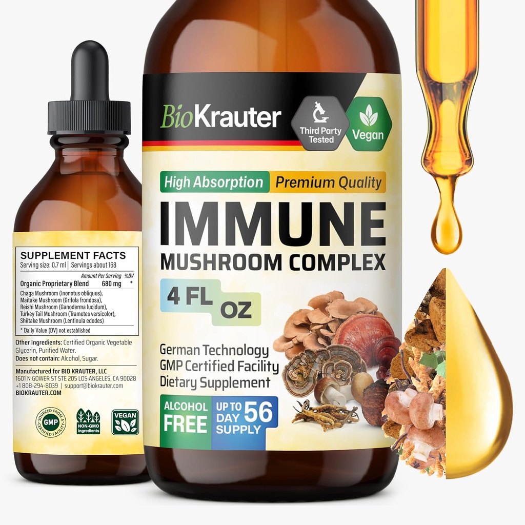 BIO KRAUTER Immune Supplement Supplement Mushroom - Lions Mane, Shiitake, Turcja Tail, Reishi, Chaga & Maitake Liquid Extract - Mushroom Complex Tincture - Vegan Drops 4 Fl.Oz.