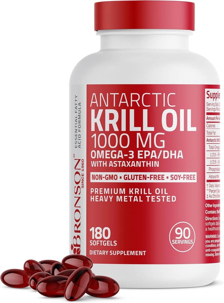 Bronson Antarktyczny olej krylowy 1000 mg z Omega- 3 EPA, DHA, Astaksantyną i fosfolipidami 180 Softgels