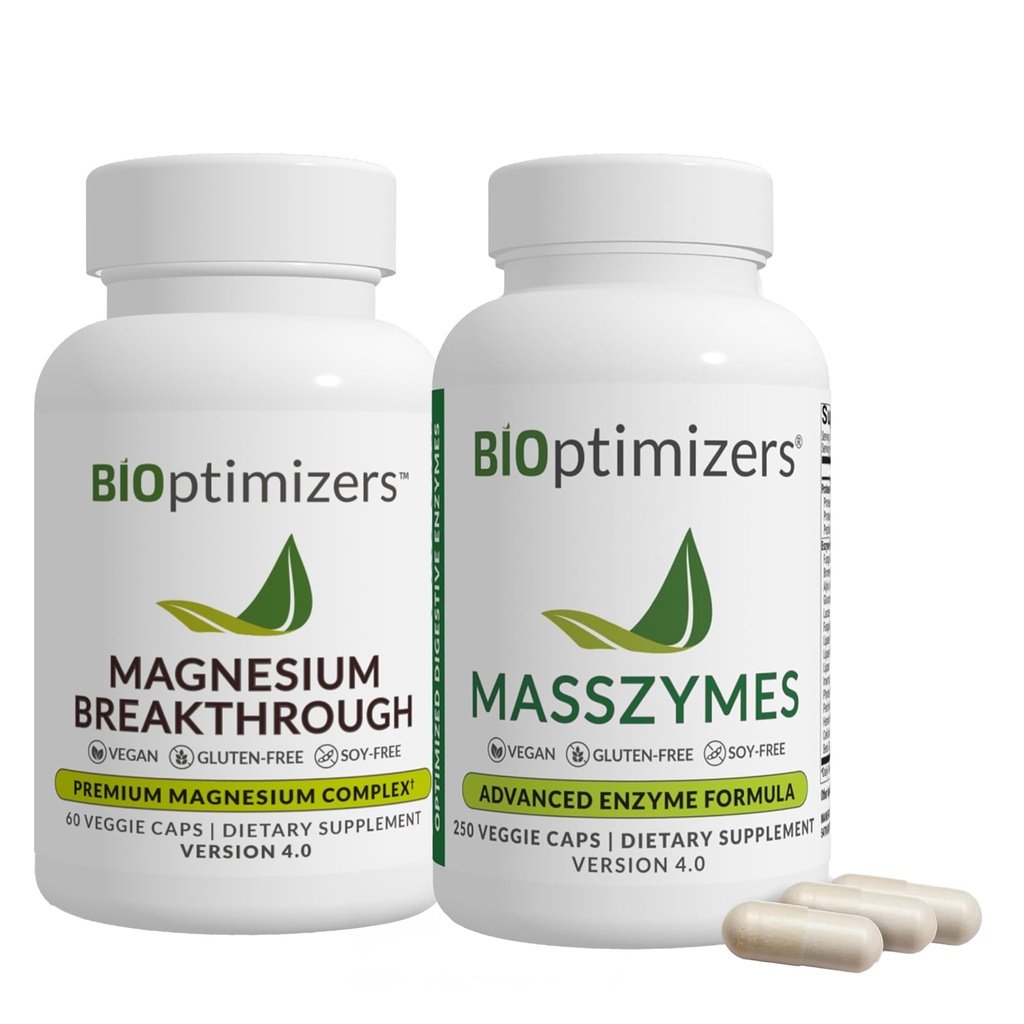 BiOptimizers Magnezu Breakthrough 4.0, (60 kapsułek) & MassZymes 4.0, (250 kapsułek) - Natural Sleep, Mózg i suplement diety zdrowia