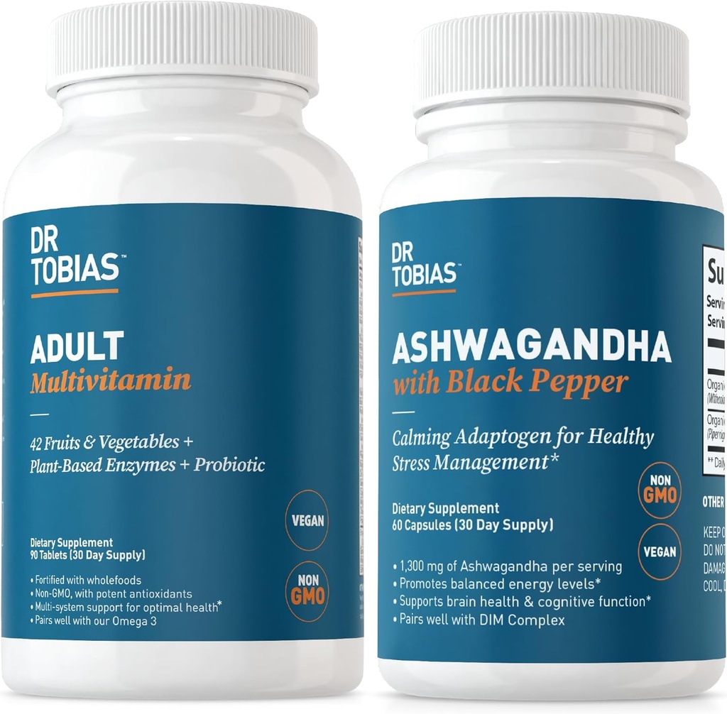 Dr Tobias Adult Multivitamins i Ashwagandha Kapsułki, Wsparcie ogólne Wellness & Zrównoważona Energia & Resilience, Wegan, Non-GMO