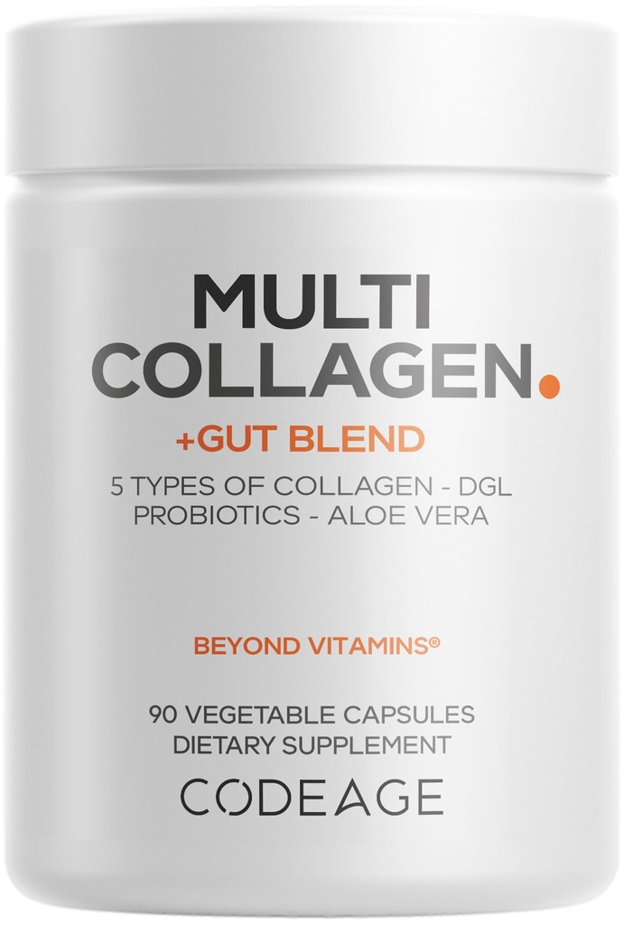 Codeage Multi Collagen + Gut Blend Supplement - Probiotyki pokarmowe, Licorice DGL, Aloe Vera, Organic Peppermint Leaf, Slippery Elm - Zhydrolizowane tabletki kolagenowe dla bydła - Non-GMO - 90 Kapsułki