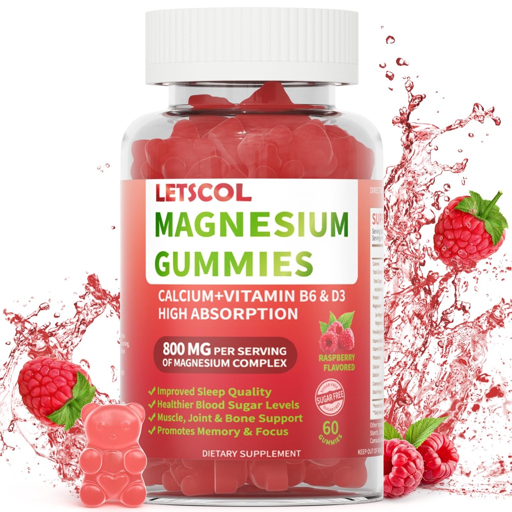 Glucynian magnezu Gummies 800mg na Podawanie, Suplement bez cukru Magnezu z Magnezu Malenian, Wapń, Witamina D3, B6, CoQ10 dla spokojnego wsparcia i snu dla dorosłych Dzieci