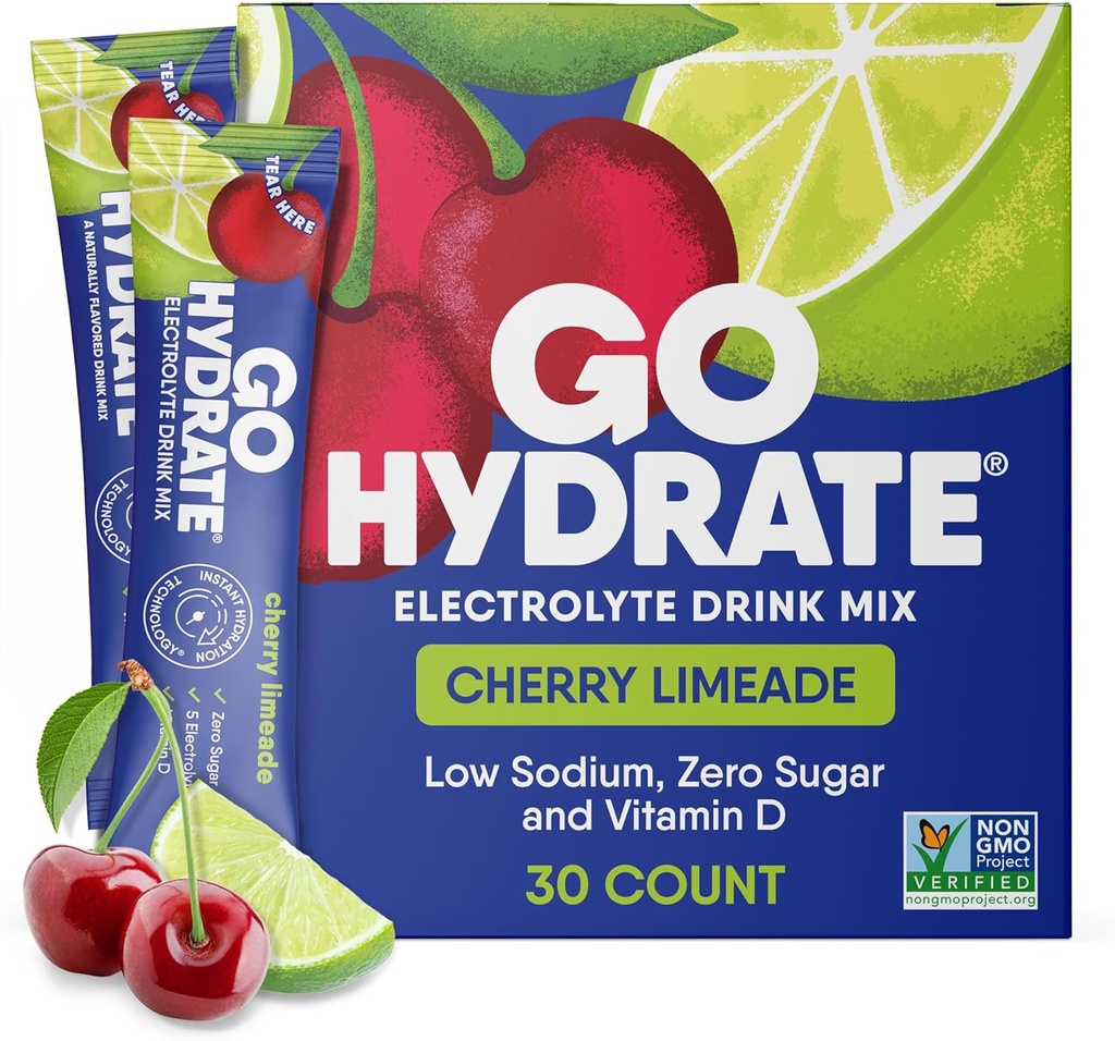 GoHydrate Niskie elektrolity sodu w proszku Pakiety cukrowe - Natychmiastowa Hydration Codzienne Drink Mix - Zero Sugar Water Flavor Packet Singles z witaminą D - (Cherry Limeade, 30 Packs)