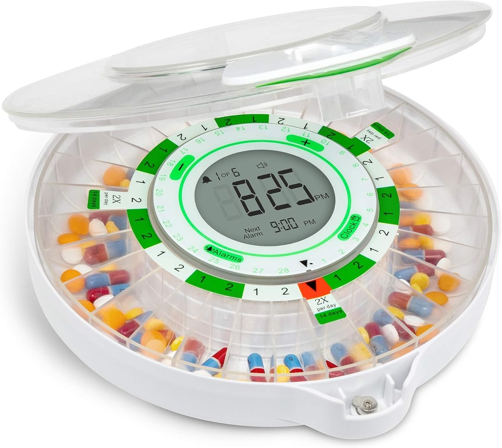 Automatyczny dozownik 28- dniowy Live Fine z uaktualnionym wyświetlaczem LCD, kluczem blokady, dźwiękiem i światłem do wymagań, lekarstw, vitamin, suplementów i więcej