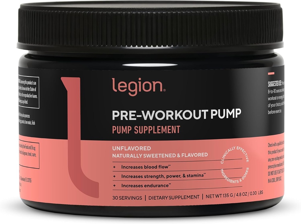LEGION Pre Workout Pompa - Arginine Supplement zwiększa produkcję tlenku azotu - Azoksyd azotu Booster pomaga zwiększyć wytrzymałość & Stamina, Promotes Zwiększona wydajność mięśni (Unflavored, 30 Służenie)