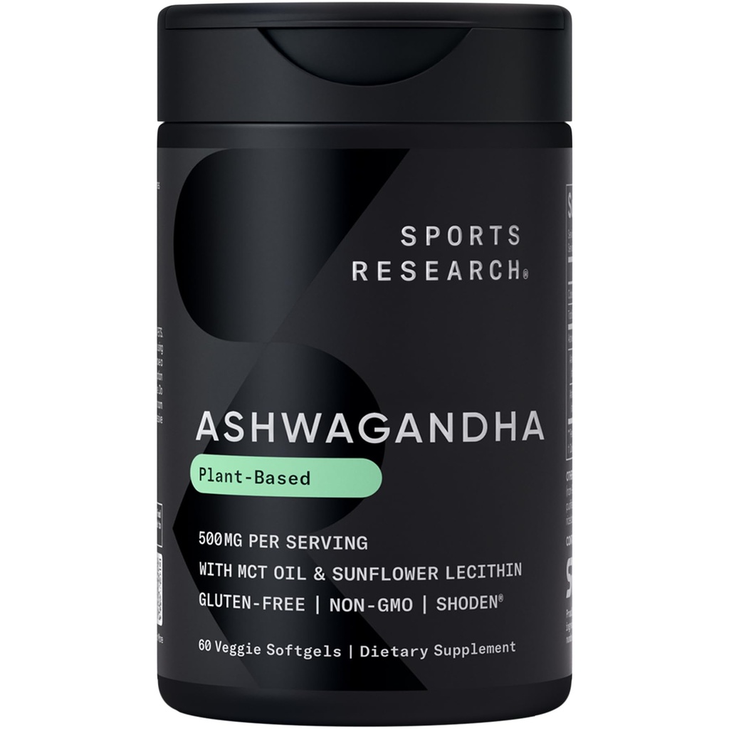 Sports Research ® Ashwagandha Softgels with Coconut MCT Oil - Natural Adaptogen Made with Shoden ® Ashwa for Relaxation, Calm & Sleep Support - Gluten Free & Vegan Friendly - 60 Count