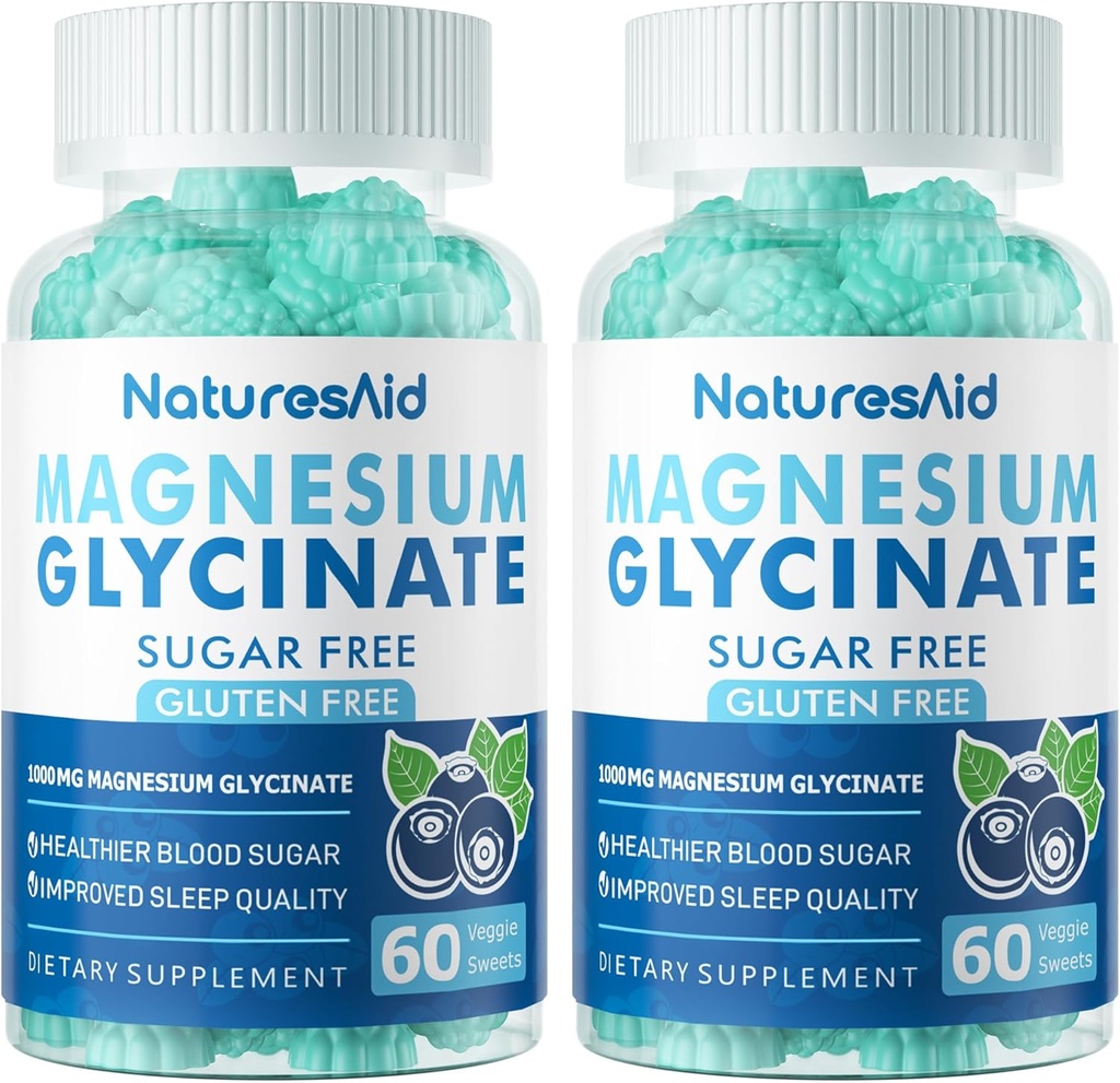 Glucynian magnezu Gummies 1000mg - Suplement potasu bez cukru Magnezu z witaminą D, B6, CoQ10 dla spokojnego nastroju i wsparcia snu - 120 Gummies borówka -2 Pack