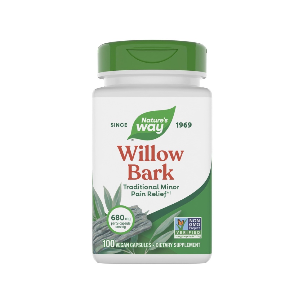 Nature 's Way Willow Bark, Tradycyjna ulga dyskomfortu Ze względu na okazjonalne przerost *, NieGMO Projekt zweryfikowany, 680 mg na serwowanie, 100 Kapsułki wegańskie