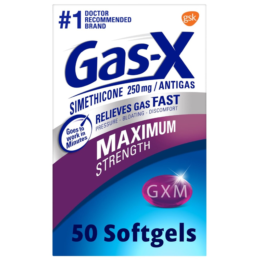 Gas- X Maksymalna wytrzymałość gazu Relief Softgels z Simeticone 250 mg dla Bloating Relief - 50 Count