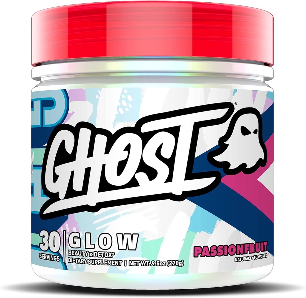 GHOST Glow: Beauty and Detox Support Formula - 30 Służenia, Passionfruit - Stymulator skóry Biotin i L-Theanine na przeciwutleniacze do nawadniania, Promieniowanie, Komplexion & Nourishment - Wegan, Gluten- Free