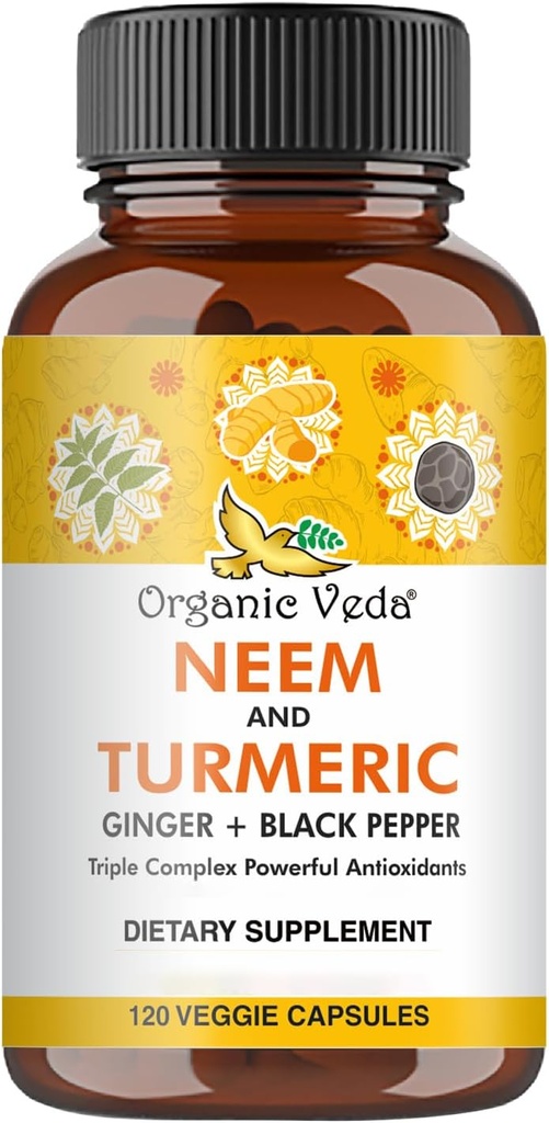 Organiczne kapsułki Veda Neem & Turmeric z Ginger & Black Pepper - Neem Leaf, Turmeric, Ginger, Black Pepper Suplement kapsułki - Vegan, Non-GMO - 120 Count