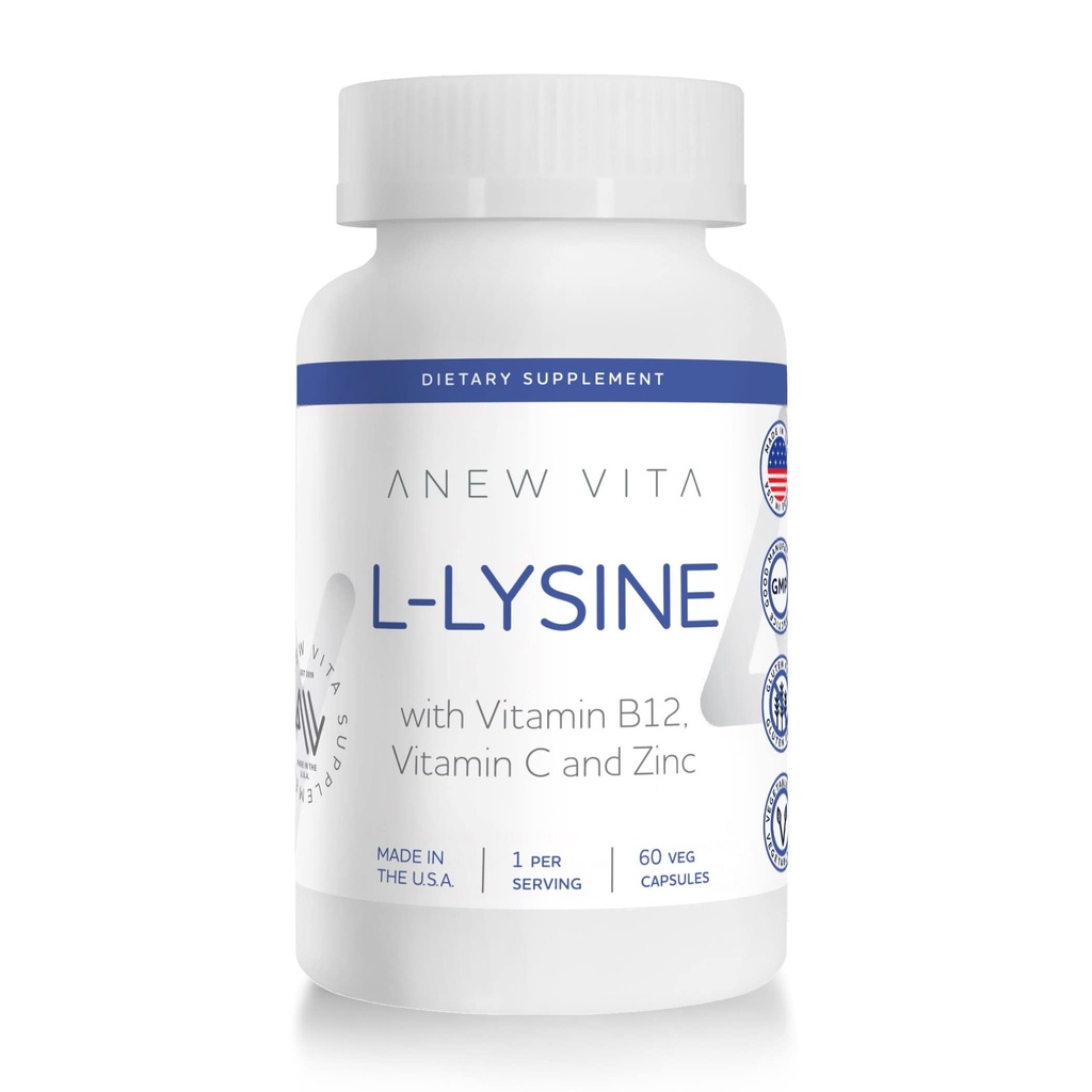 L- Lysine Suplement z witaminą B12 + C + Cynk dla Lip, Mouth, i zdrowia tkanek jamy ustnej - Wzmocnione wsparcie Wellness - Nie-GMO, Gluten- Free - Made in USA - 60 Kapsułki warzyw, 500mg