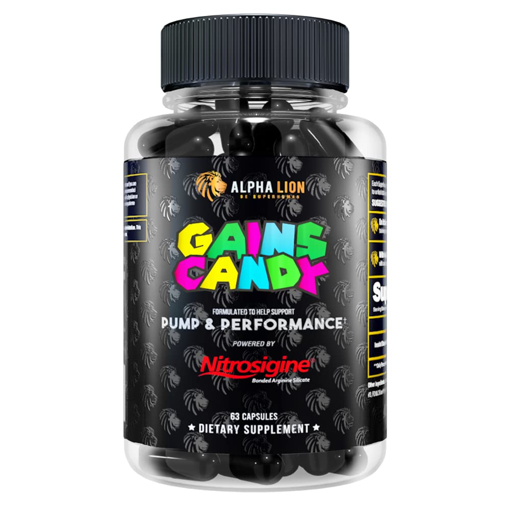ALPHA LION Gains Candy, Suplement Pigułki do pompy mięśniowej i przepływu krwi, Azoksyd azotowy Booster, Wspomaga mentalne Focus, Użyj codziennie do aktualizacji wydajności treningu, 63 Kapsułki (Nitrosigine)